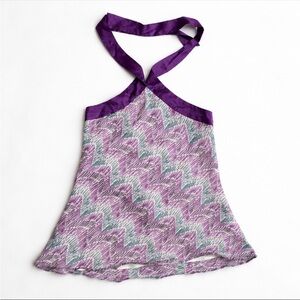 Y2K RW&CO Silk Halter Top Woman Small Purple Zigzag Print Sheer Asymmetrical
